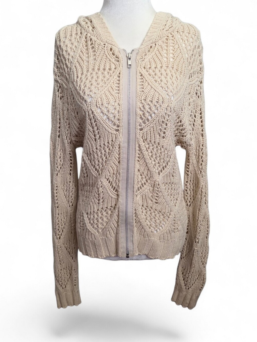 CAbi  By The Sea Cream Open-Weave Hooded Zip Cardigan